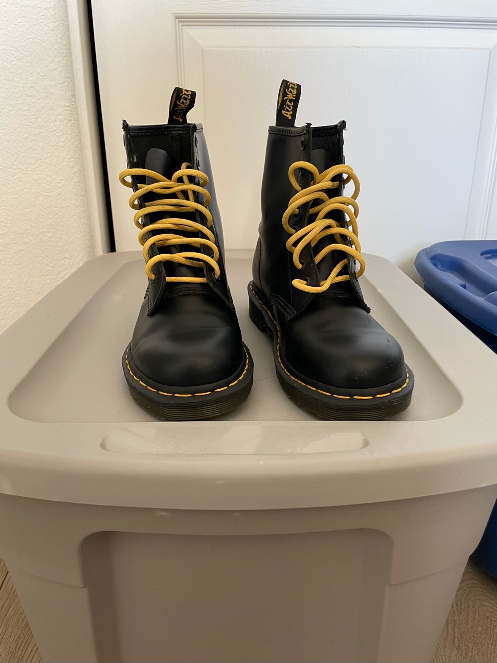 Dr.Martens Black Leather Boots with Yellow Laces. Worn 3 times